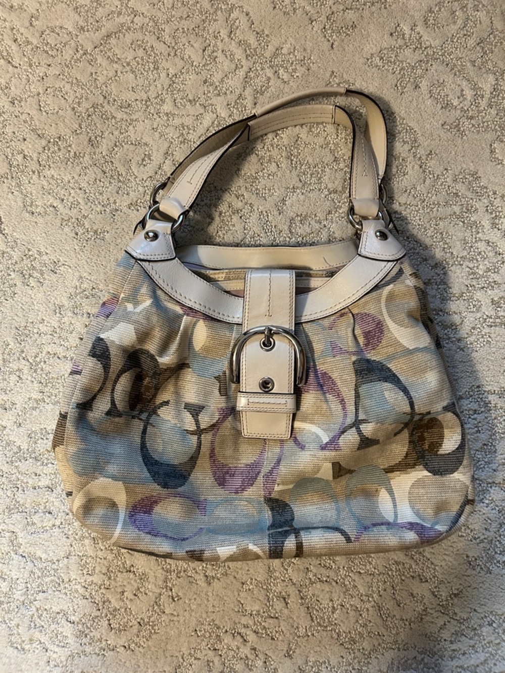 Coach Beige Multi Signature Canvas Shoulder Bag with Leather Trim